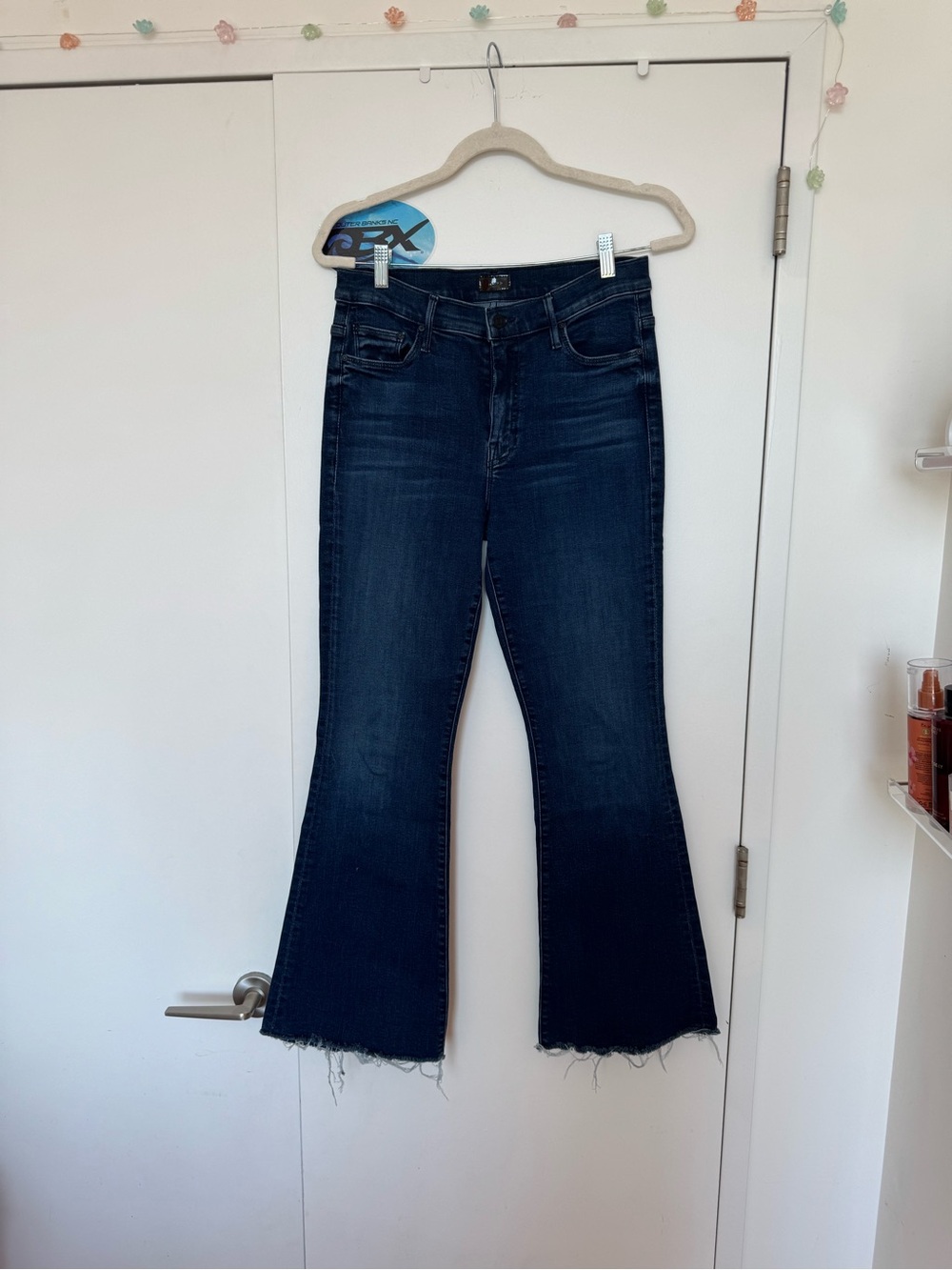 MOTHER Dark Blue Flare Jeans with Raw Hem